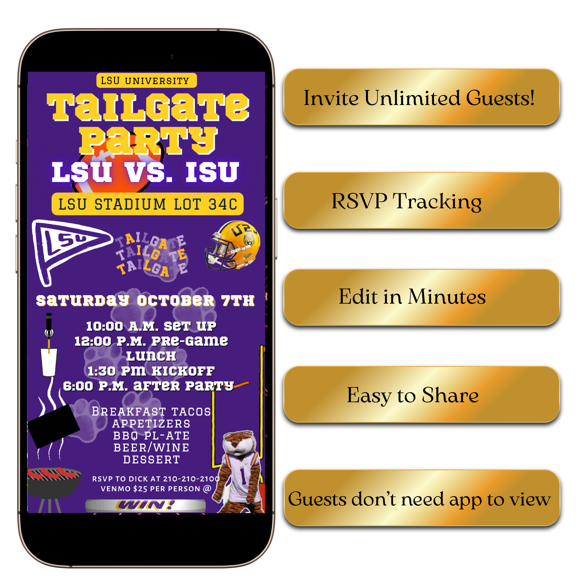 Purple gold football game day animated invite
