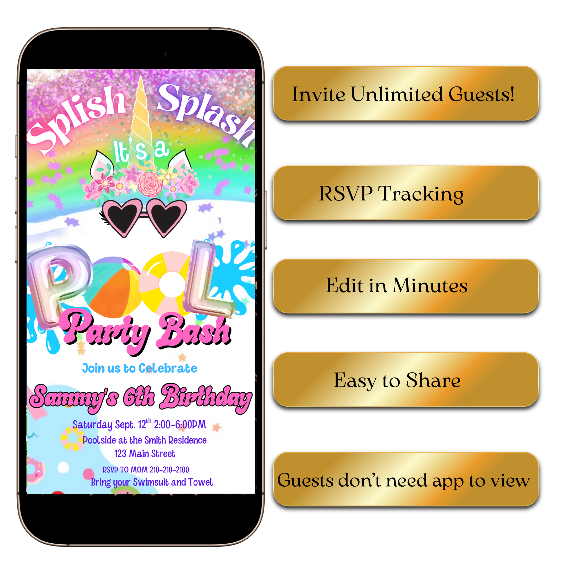 Magical Unicorn Pool Party Bash Video Invitation for Mobile Sharing