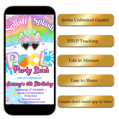 Magical Unicorn Pool Party Bash Video Invitation for Mobile Sharing