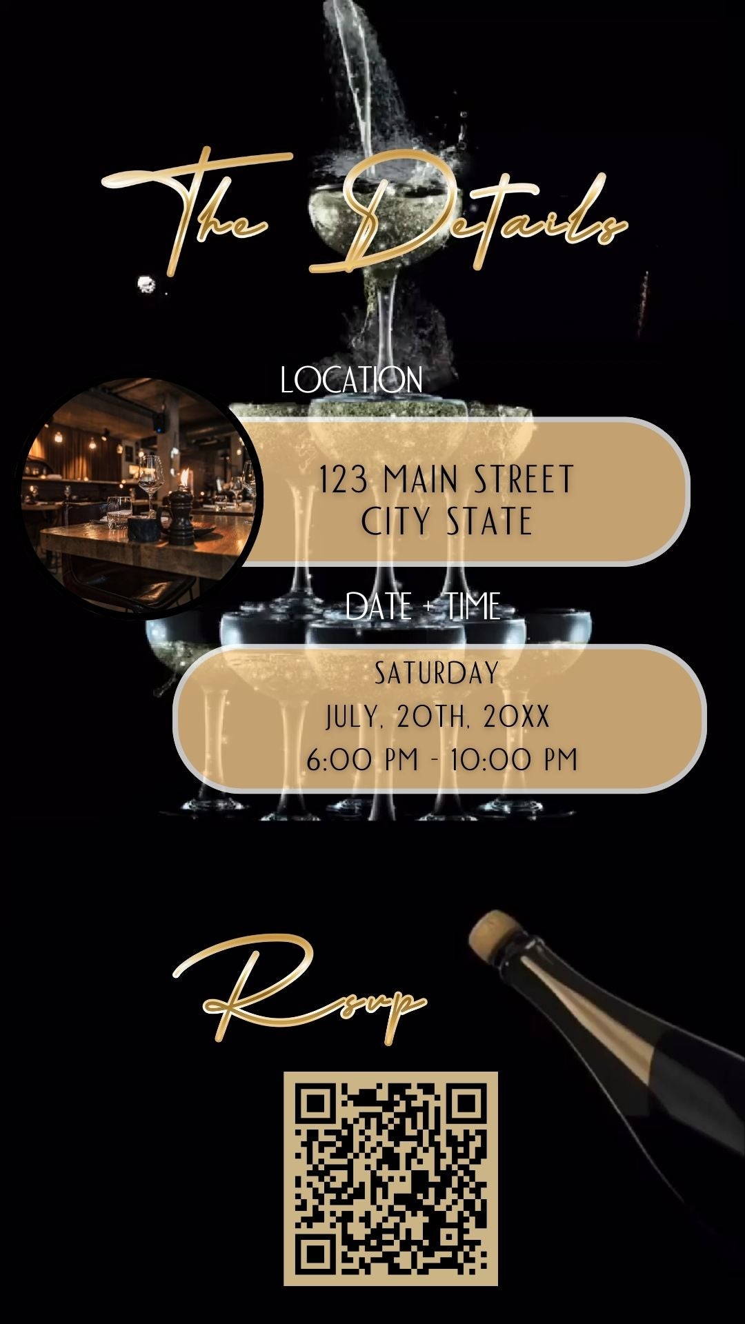 Editable luxury gold champagne 60th birthday birthday video invitation displayed on a mobile phone, featuring an animated vertical digital invite with music, created in Canva. This premium video invitation template is designed for sharing by text, email, and social media and works with an interactive RSVP website for easy guest response tracking.