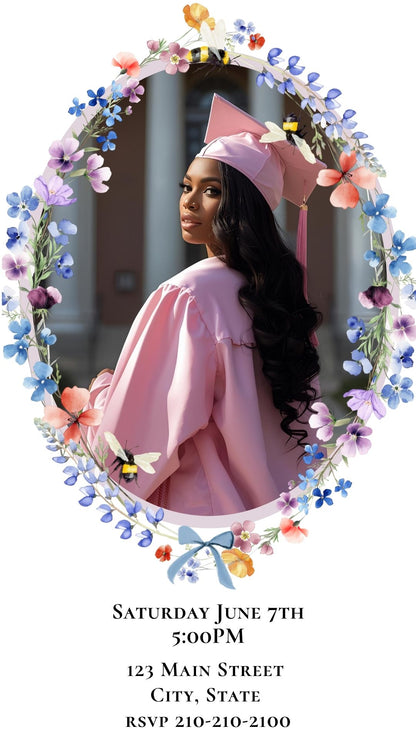 Editable floral graduation 2026 graduation video invitation displayed on a mobile phone, featuring an animated vertical digital invite with music, created in Canva. This premium video invitation template is designed for sharing by text, email, and social media and works with an interactive RSVP website for easy guest response tracking.