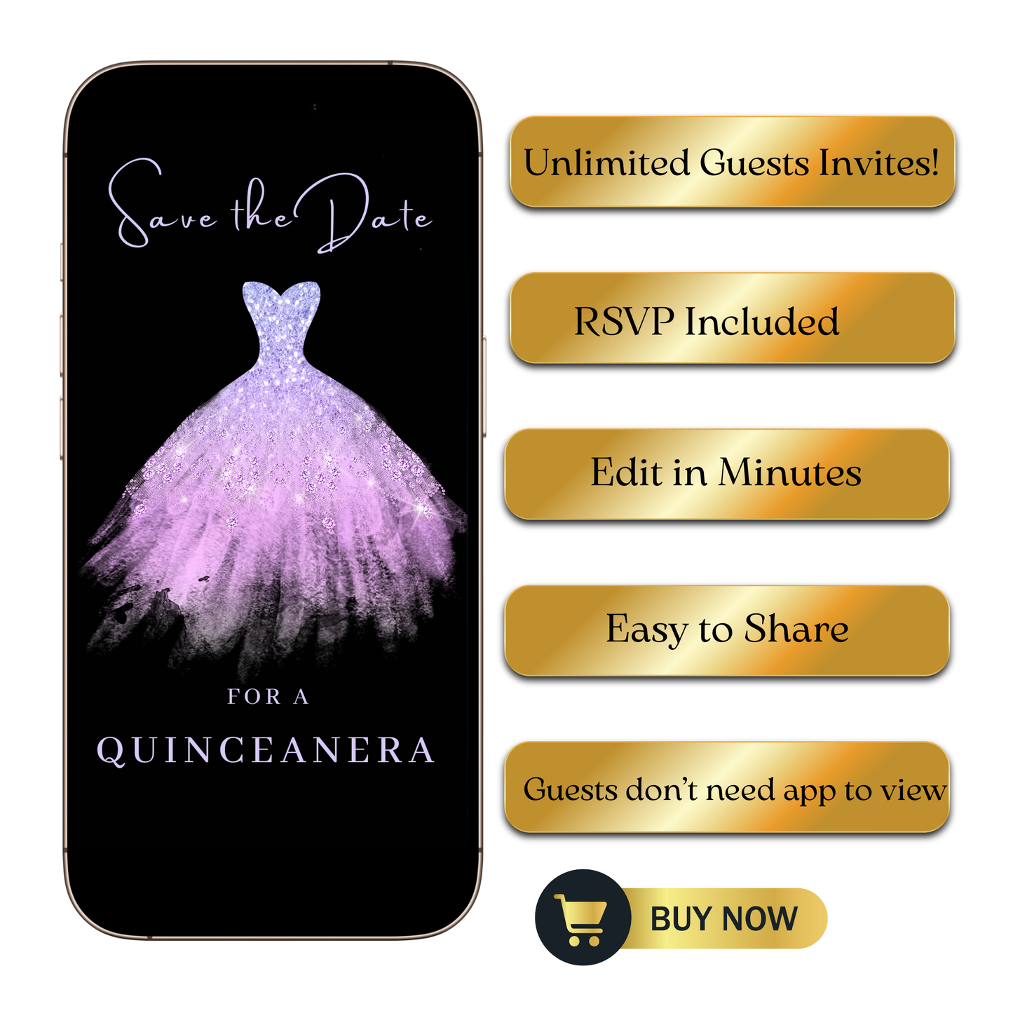 Editable purple glitter dress Quinceañera video invitation displayed on a mobile phone, featuring an animated vertical digital invite with music, created in Canva. This premium video invitation template is designed for sharing by text, email, and social media and works with an interactive RSVP website for easy guest response tracking.