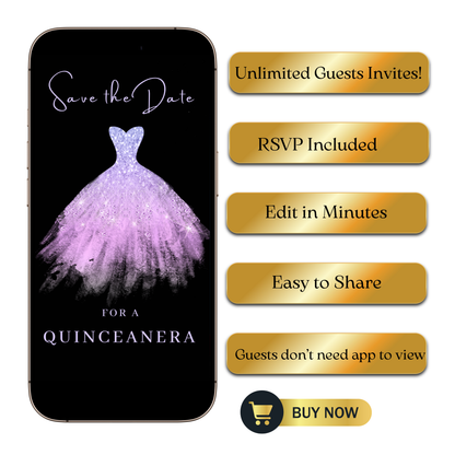 Editable purple glitter dress Quinceañera video invitation displayed on a mobile phone, featuring an animated vertical digital invite with music, created in Canva. This premium video invitation template is designed for sharing by text, email, and social media and works with an interactive RSVP website for easy guest response tracking.