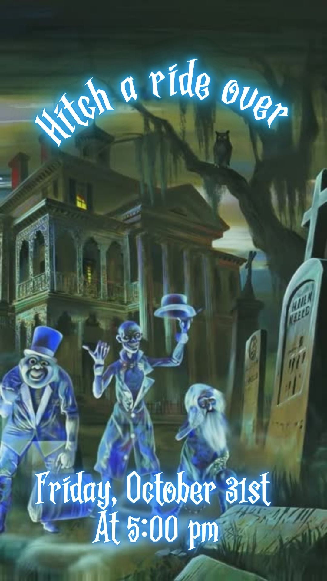 Editable haunted mansion halloween party party video invitation displayed on a mobile phone, featuring an animated vertical digital invite with music, created in Canva. This premium video invitation template is designed for sharing by text, email, and social media and works with an interactive RSVP website for easy guest response tracking.