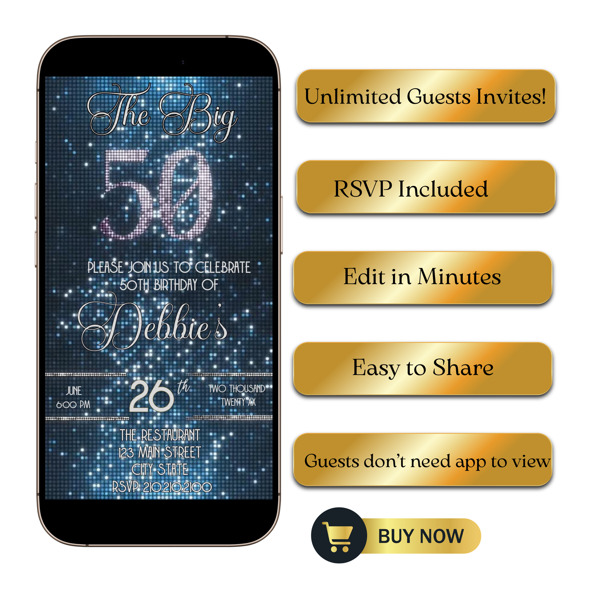 Editable blue glitter 50th birthday video invitation displayed on a mobile phone, featuring an animated vertical digital invite with music, created in Canva. This premium video invitation template is designed for sharing by text, email, and social media and works with an interactive RSVP website for easy guest response tracking.