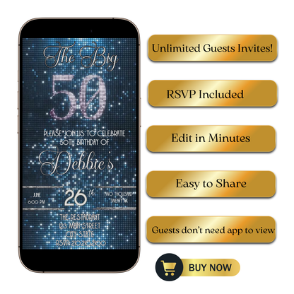 Editable blue glitter 50th birthday video invitation displayed on a mobile phone, featuring an animated vertical digital invite with music, created in Canva. This premium video invitation template is designed for sharing by text, email, and social media and works with an interactive RSVP website for easy guest response tracking.