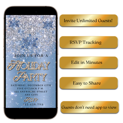 Blue Winter Wonderland MP4 party invitation preview shown on laptop