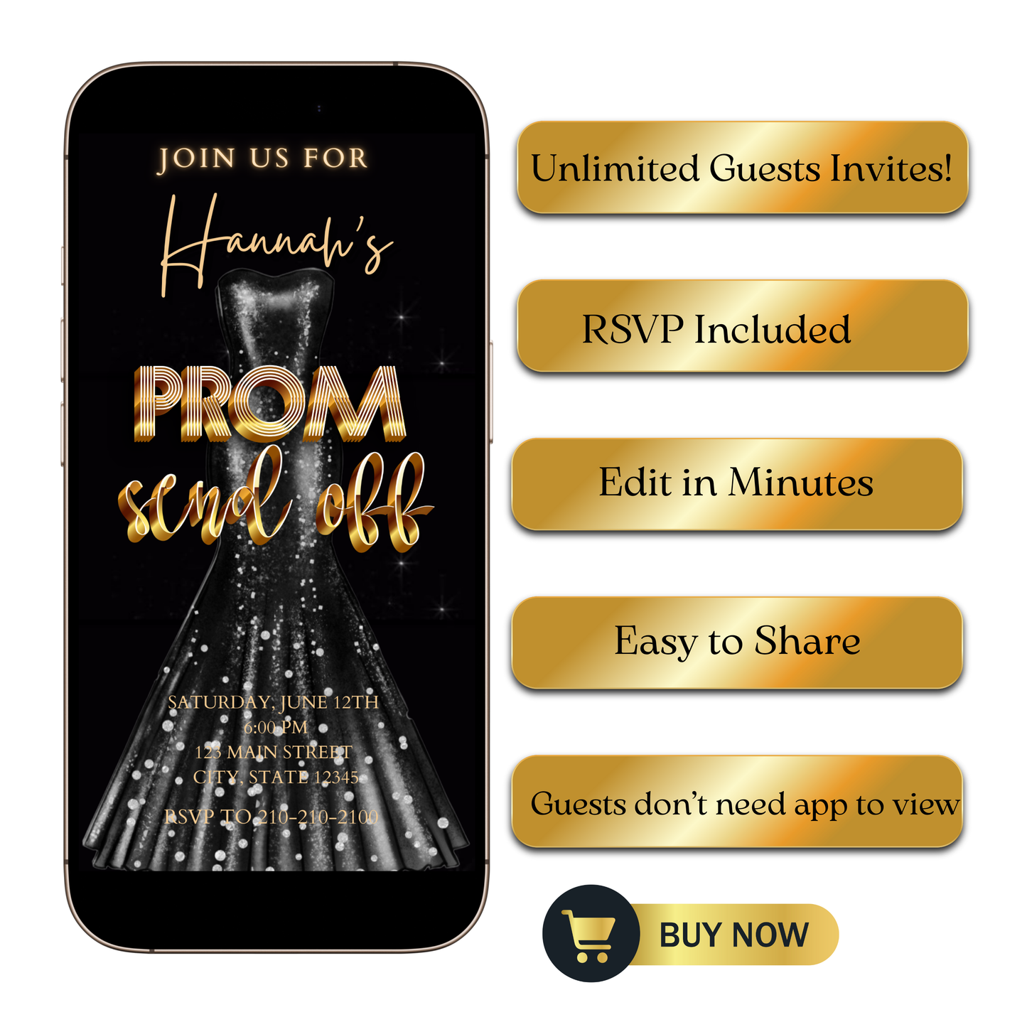 Editable black gold luxury prom send off video invitation displayed on a mobile phone, featuring an animated vertical digital invite with music, created in Canva. This premium video invitation template is designed for sharing by text, email, and social media and works with an interactive RSVP website for easy guest response tracking.