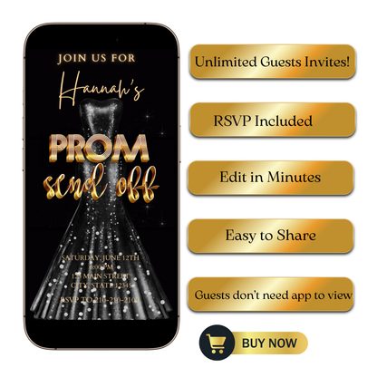 Editable black gold luxury prom send off video invitation displayed on a mobile phone, featuring an animated vertical digital invite with music, created in Canva. This premium video invitation template is designed for sharing by text, email, and social media and works with an interactive RSVP website for easy guest response tracking.