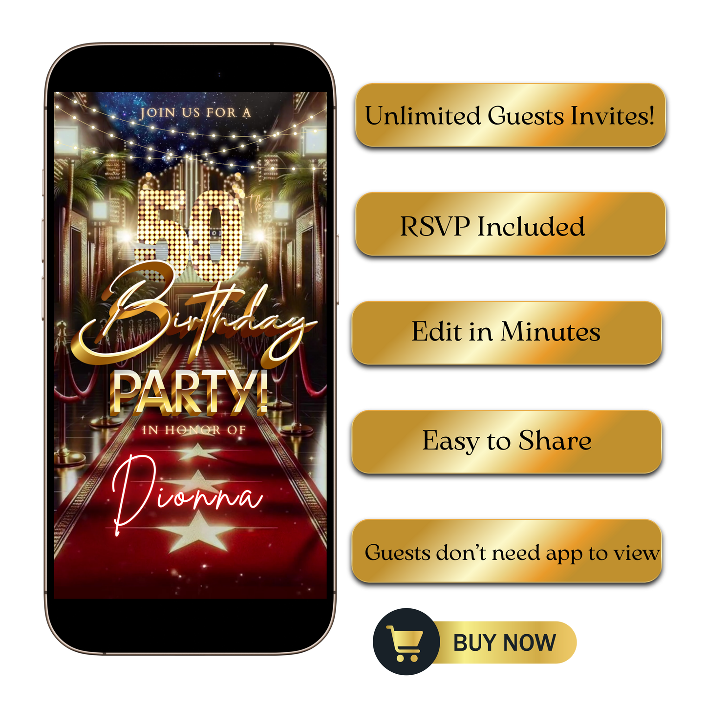 Editable hollywood red carpet 50th birthday video invitation displayed on a mobile phone, featuring an animated vertical digital invite with music, created in Canva. This premium video invitation template is designed for sharing by text, email, and social media and works with an interactive RSVP website for easy guest response tracking.