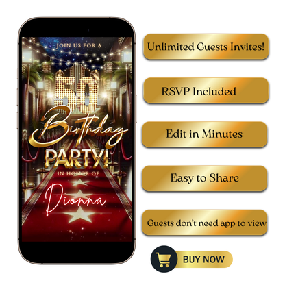 Editable hollywood red carpet 50th birthday video invitation displayed on a mobile phone, featuring an animated vertical digital invite with music, created in Canva. This premium video invitation template is designed for sharing by text, email, and social media and works with an interactive RSVP website for easy guest response tracking.