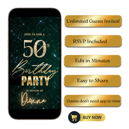 Editable emerald green sparkly 50th birthday video invitation displayed on a mobile phone, featuring an animated vertical digital invite with music, created in Canva. This premium video invitation template is designed for sharing by text, email, and social media and works with an interactive RSVP website for easy guest response tracking.