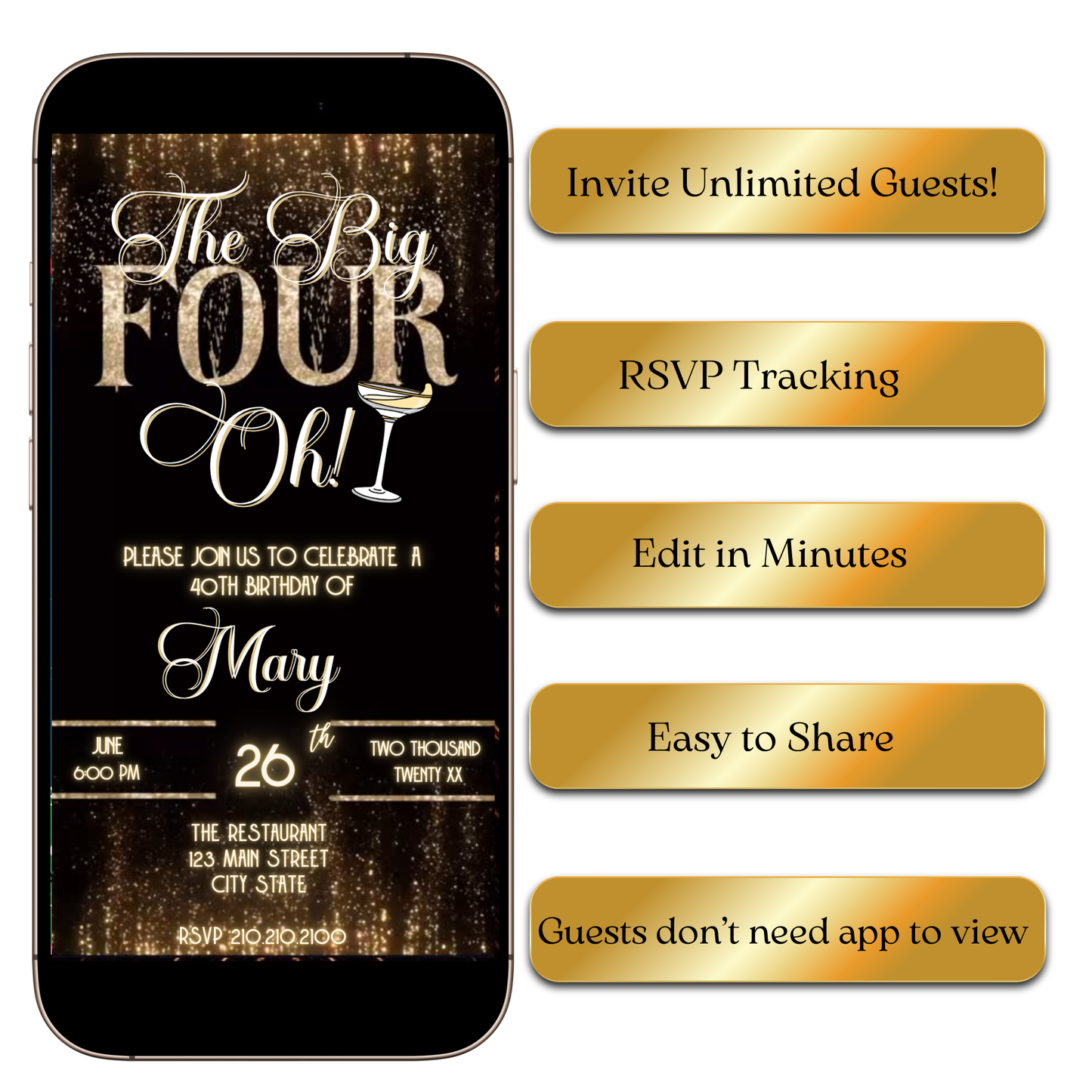 Digital Elegant Gold The Big Four-Oh 40th Birthday Video Invitation Template MP4 Invite