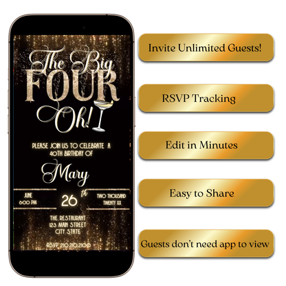 Digital Elegant Gold The Big Four-Oh 40th Birthday Video Invitation Template MP4 Invite