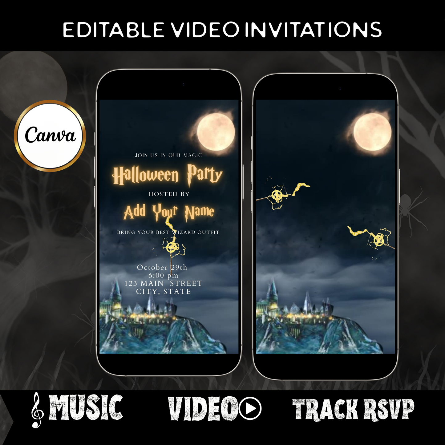 Editable wizard halloween party party video invitation displayed on a mobile phone, featuring an animated vertical digital invite with music, created in Canva. This premium video invitation template is designed for sharing by text, email, and social media and works with an interactive RSVP website for easy guest response tracking.