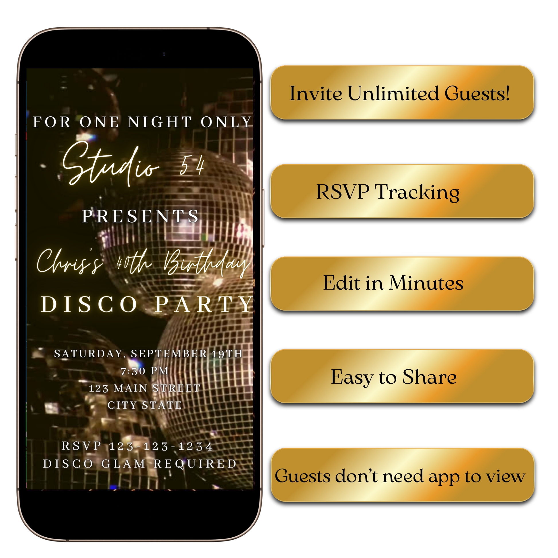 Editable retro glam disco video invite online