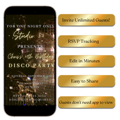 Editable retro glam disco video invite online