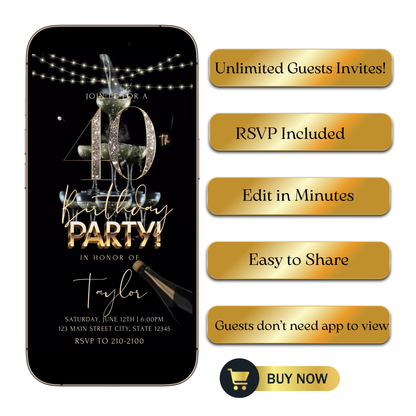 Editable black gold champagne 40th birthday video invitation displayed on a mobile phone, featuring an animated vertical digital invite with music, created in Canva. This premium video invitation template is designed for sharing by text, email, and social media and works with an interactive RSVP website for easy guest response tracking.