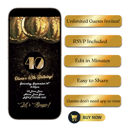Editable black gold studio 40th birthday video invitation displayed on a mobile phone, featuring an animated vertical digital invite with music, created in Canva. This premium video invitation template is designed for sharing by text, email, and social media and works with an interactive RSVP website for easy guest response tracking.