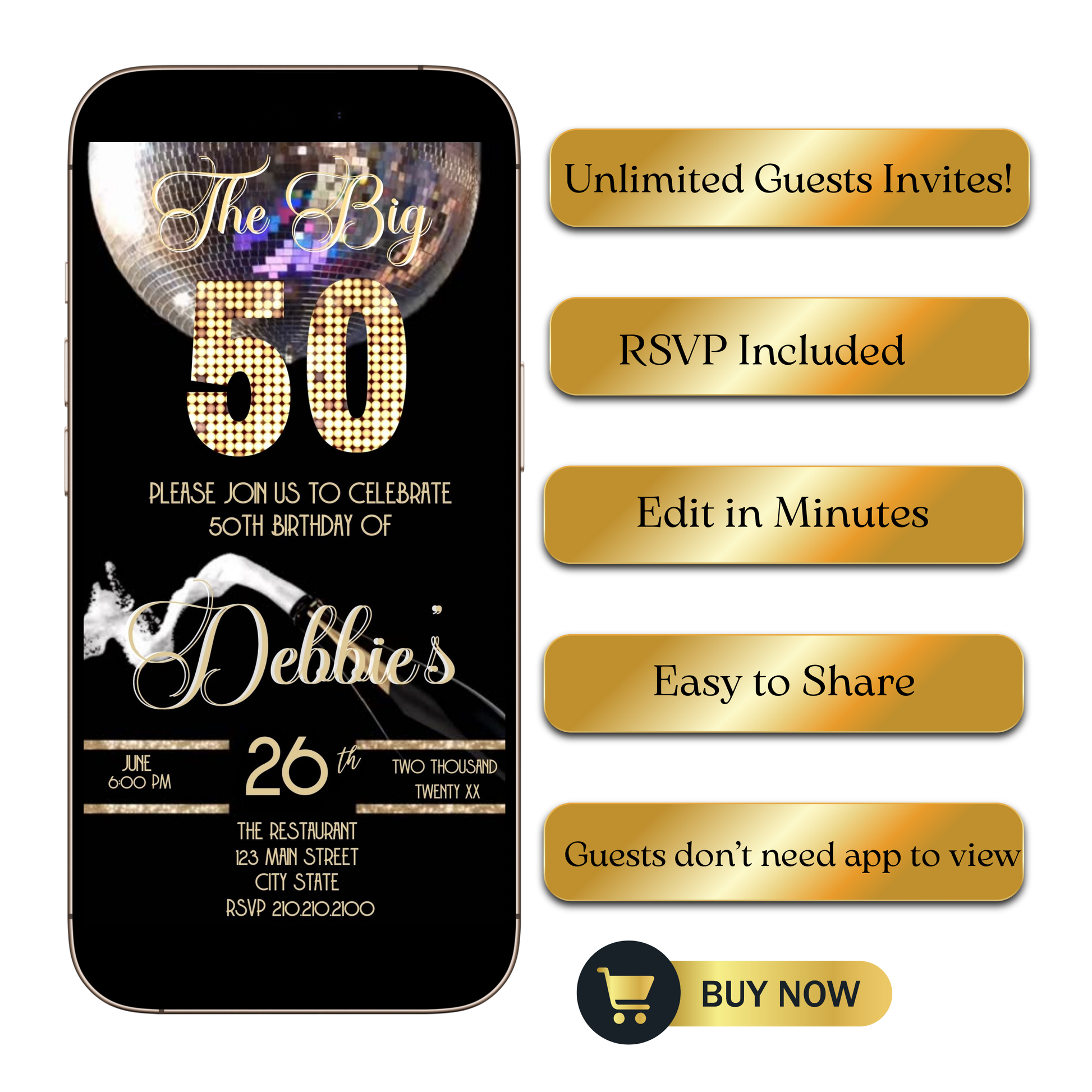 Editable black gold disco champagne 50th birthday video invitation displayed on a mobile phone, featuring an animated vertical digital invite with music, created in Canva. This premium video invitation template is designed for sharing by text, email, and social media and works with an interactive RSVP website for easy guest response tracking.