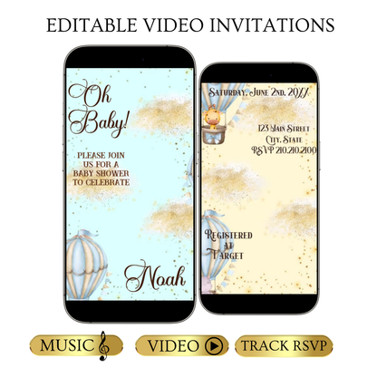 Editable blue hot air balloon boy baby shower baby shower video invitation displayed on a mobile phone, featuring an animated vertical digital invite with music, created in Canva. This premium video invitation template is designed for sharing by text, email, and social media and works with an interactive RSVP website for easy guest response tracking.