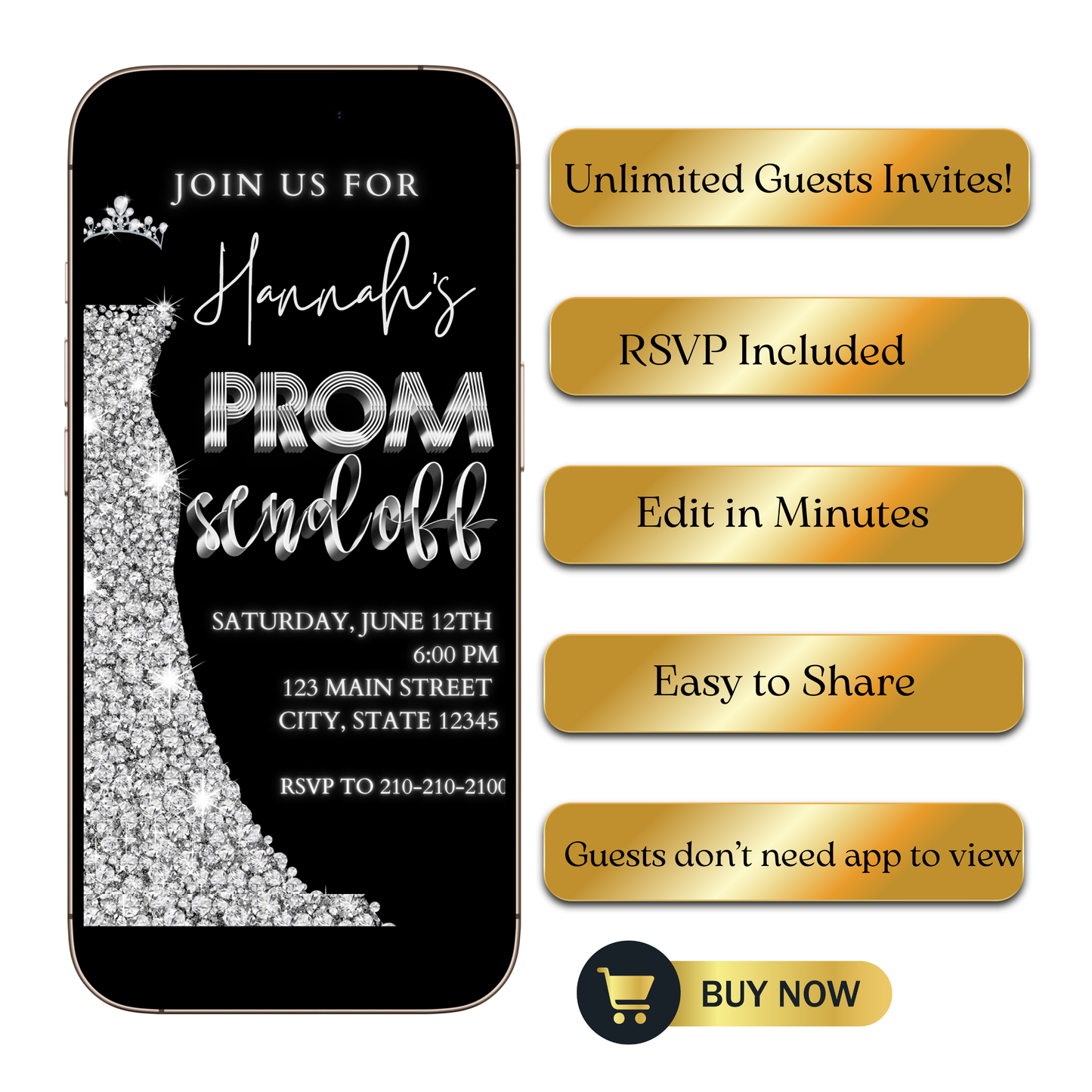 Editable black silver glam prom send off video invitation displayed on a mobile phone, featuring an animated vertical digital invite with music, created in Canva. This premium video invitation template is designed for sharing by text, email, and social media and works with an interactive RSVP website for easy guest response tracking.