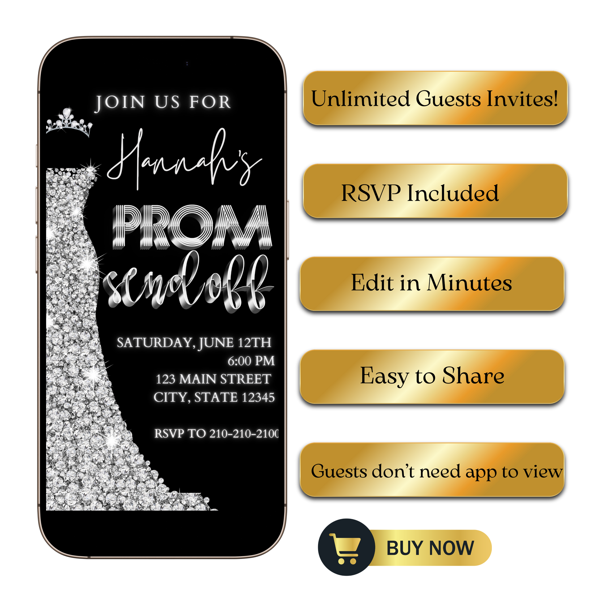 Editable black silver glam prom send off video invitation displayed on a mobile phone, featuring an animated vertical digital invite with music, created in Canva. This premium video invitation template is designed for sharing by text, email, and social media and works with an interactive RSVP website for easy guest response tracking.