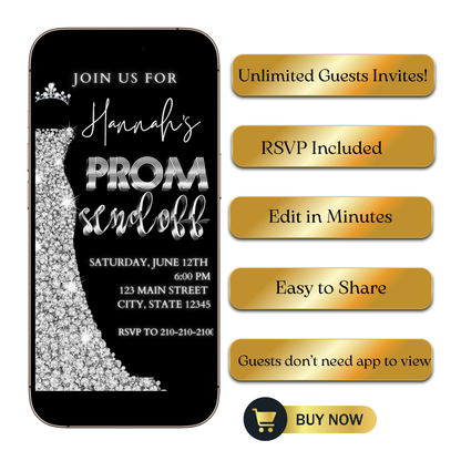 Editable black silver glam prom send off video invitation displayed on a mobile phone, featuring an animated vertical digital invite with music, created in Canva. This premium video invitation template is designed for sharing by text, email, and social media and works with an interactive RSVP website for easy guest response tracking.