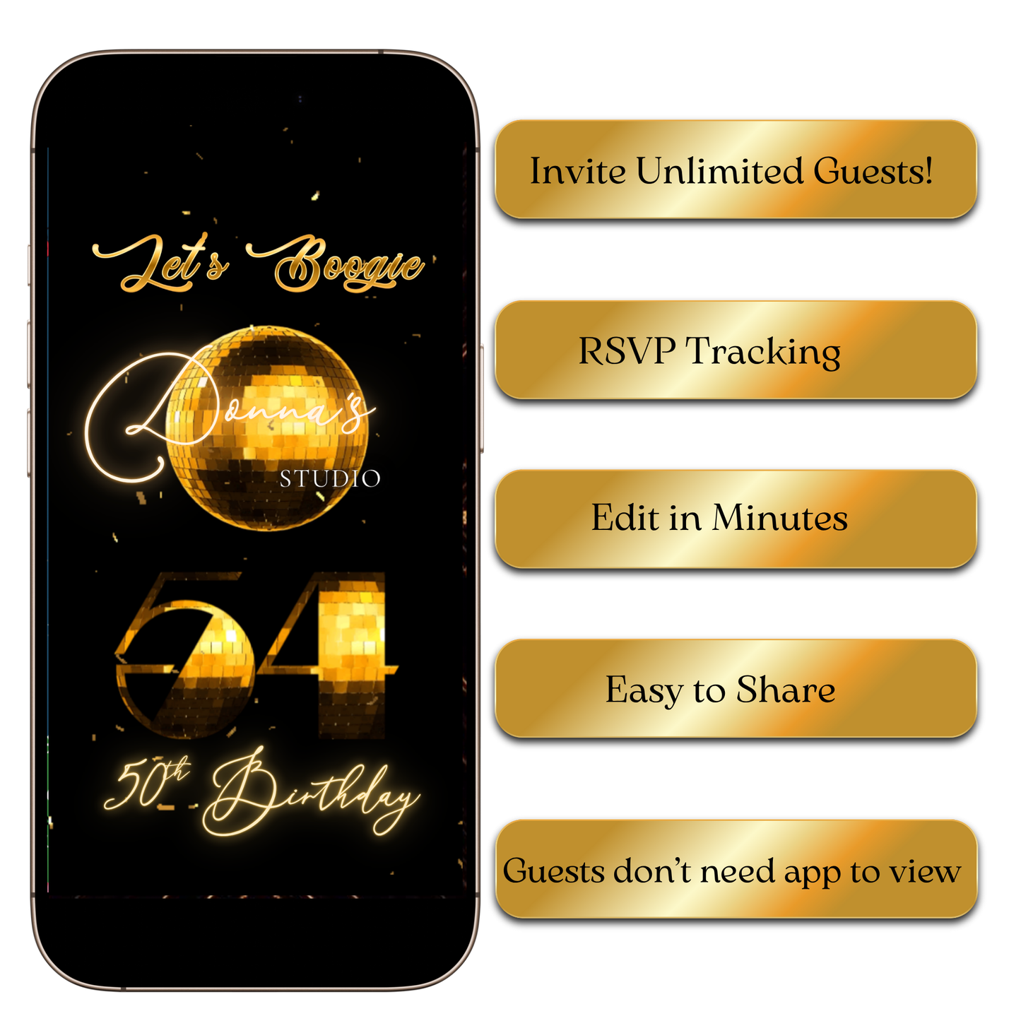 Gold Disco Birthday Party Video Invitation – 70s Glam Dance Night Evite for Mobile Sharing