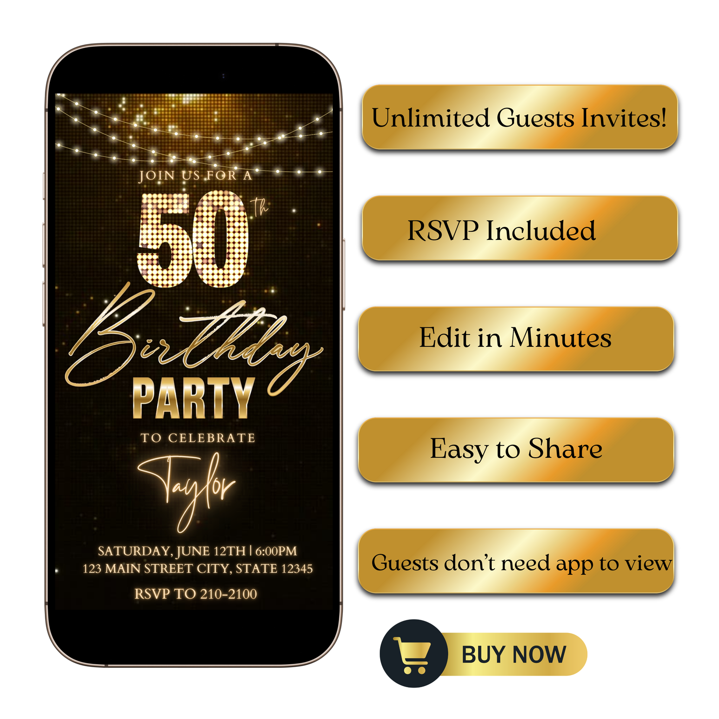 Editable black gold champagne 50th birthday video invitation displayed on a mobile phone, featuring an animated vertical digital invite with music, created in Canva. This premium video invitation template is designed for sharing by text, email, and social media and works with an interactive RSVP website for easy guest response tracking.