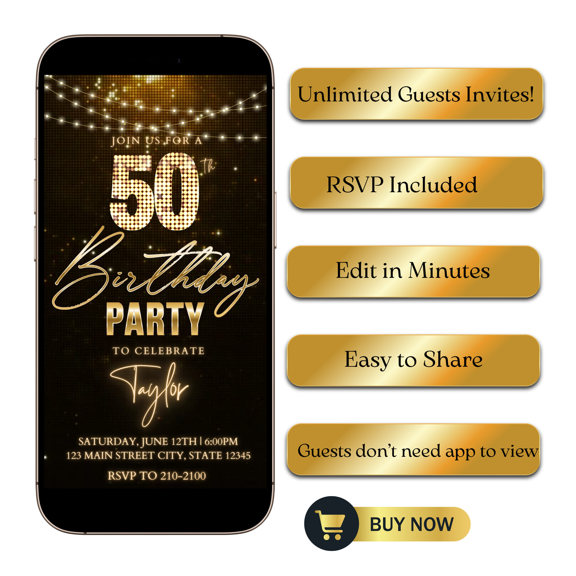 Editable black gold champagne 50th birthday video invitation displayed on a mobile phone, featuring an animated vertical digital invite with music, created in Canva. This premium video invitation template is designed for sharing by text, email, and social media and works with an interactive RSVP website for easy guest response tracking.