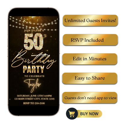Editable black gold champagne 50th birthday video invitation displayed on a mobile phone, featuring an animated vertical digital invite with music, created in Canva. This premium video invitation template is designed for sharing by text, email, and social media and works with an interactive RSVP website for easy guest response tracking.