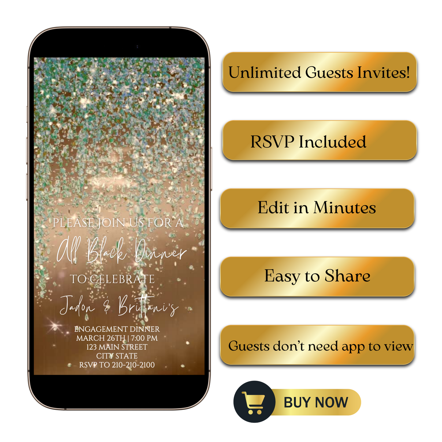 Editable sage green and gold watercolor glitter engagement dinner video invitation displayed on a mobile phone, featuring an animated vertical digital invite with music, created in Canva. This premium video invitation template is designed for sharing by text, email, and social media and works with an interactive RSVP website for easy guest response tracking.