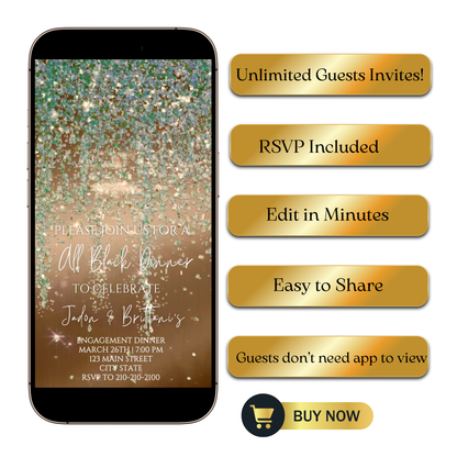 Editable sage green and gold watercolor glitter engagement dinner video invitation displayed on a mobile phone, featuring an animated vertical digital invite with music, created in Canva. This premium video invitation template is designed for sharing by text, email, and social media and works with an interactive RSVP website for easy guest response tracking.
