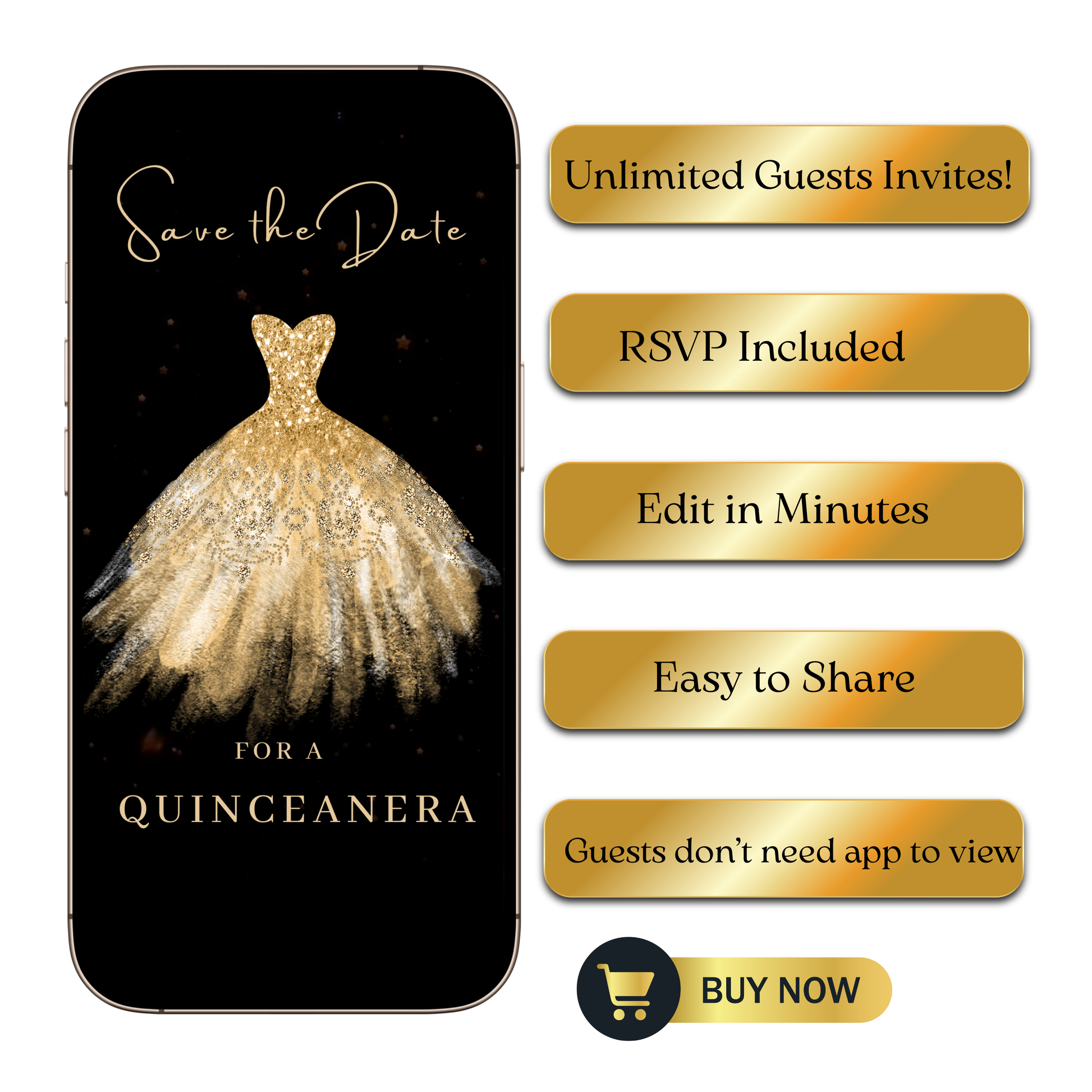 Editable gold glitter dress Quinceañera video invitation displayed on a mobile phone, featuring an animated vertical digital invite with music, created in Canva. This premium video invitation template is designed for sharing by text, email, and social media and works with an interactive RSVP website for easy guest response tracking.