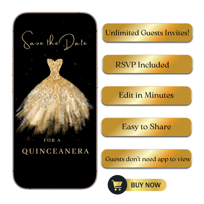 Editable gold glitter dress Quinceañera video invitation displayed on a mobile phone, featuring an animated vertical digital invite with music, created in Canva. This premium video invitation template is designed for sharing by text, email, and social media and works with an interactive RSVP website for easy guest response tracking.
