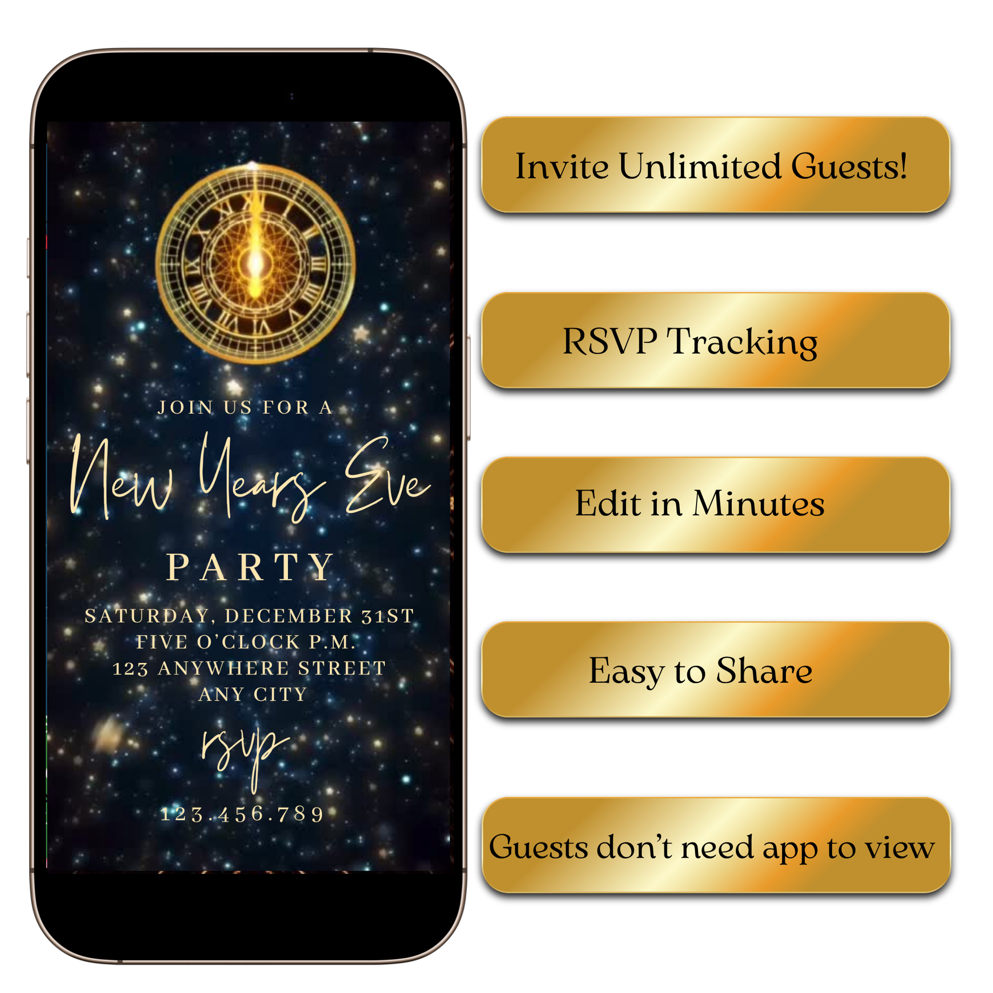 Editable starry night NYE clock video invite template