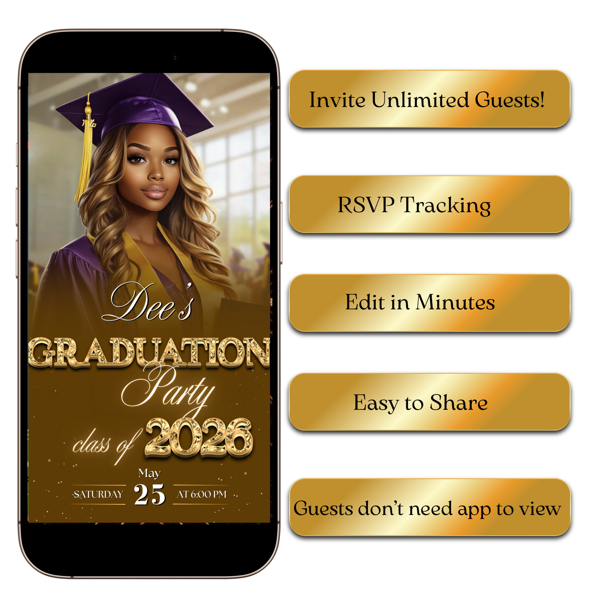 Digital Gold Graduation Party Video Invitation – Class of 2026 Celebration MP4 Invite