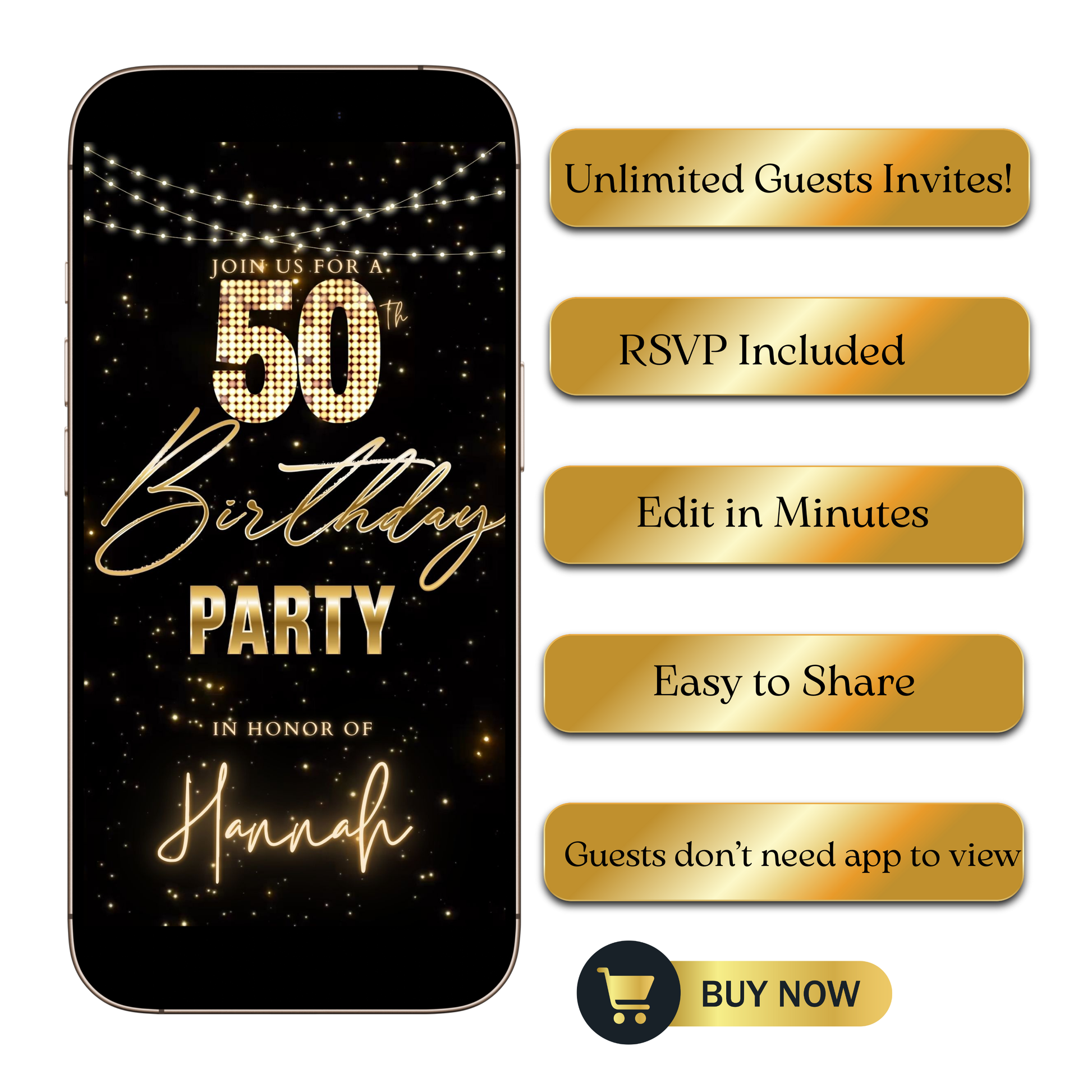 Editable black gold starry 50th birthday video invitation displayed on a mobile phone, featuring an animated vertical digital invite with music, created in Canva. This premium video invitation template is designed for sharing by text, email, and social media and works with an interactive RSVP website for easy guest response tracking.