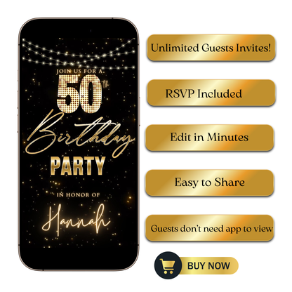 Editable black gold starry 50th birthday video invitation displayed on a mobile phone, featuring an animated vertical digital invite with music, created in Canva. This premium video invitation template is designed for sharing by text, email, and social media and works with an interactive RSVP website for easy guest response tracking.