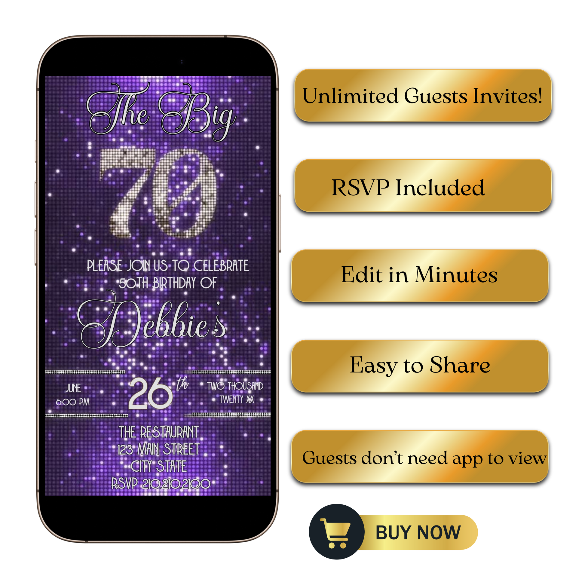 Editable purple sequin 70th birthday video invitation displayed on a mobile phone, featuring an animated vertical digital invite with music, created in Canva. This premium video invitation template is designed for sharing by text, email, and social media and works with an interactive RSVP website for easy guest response tracking.