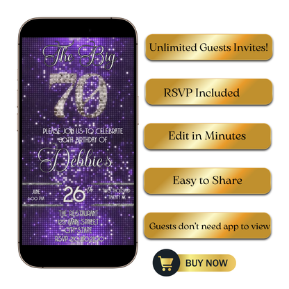 Editable purple sequin 70th birthday video invitation displayed on a mobile phone, featuring an animated vertical digital invite with music, created in Canva. This premium video invitation template is designed for sharing by text, email, and social media and works with an interactive RSVP website for easy guest response tracking.