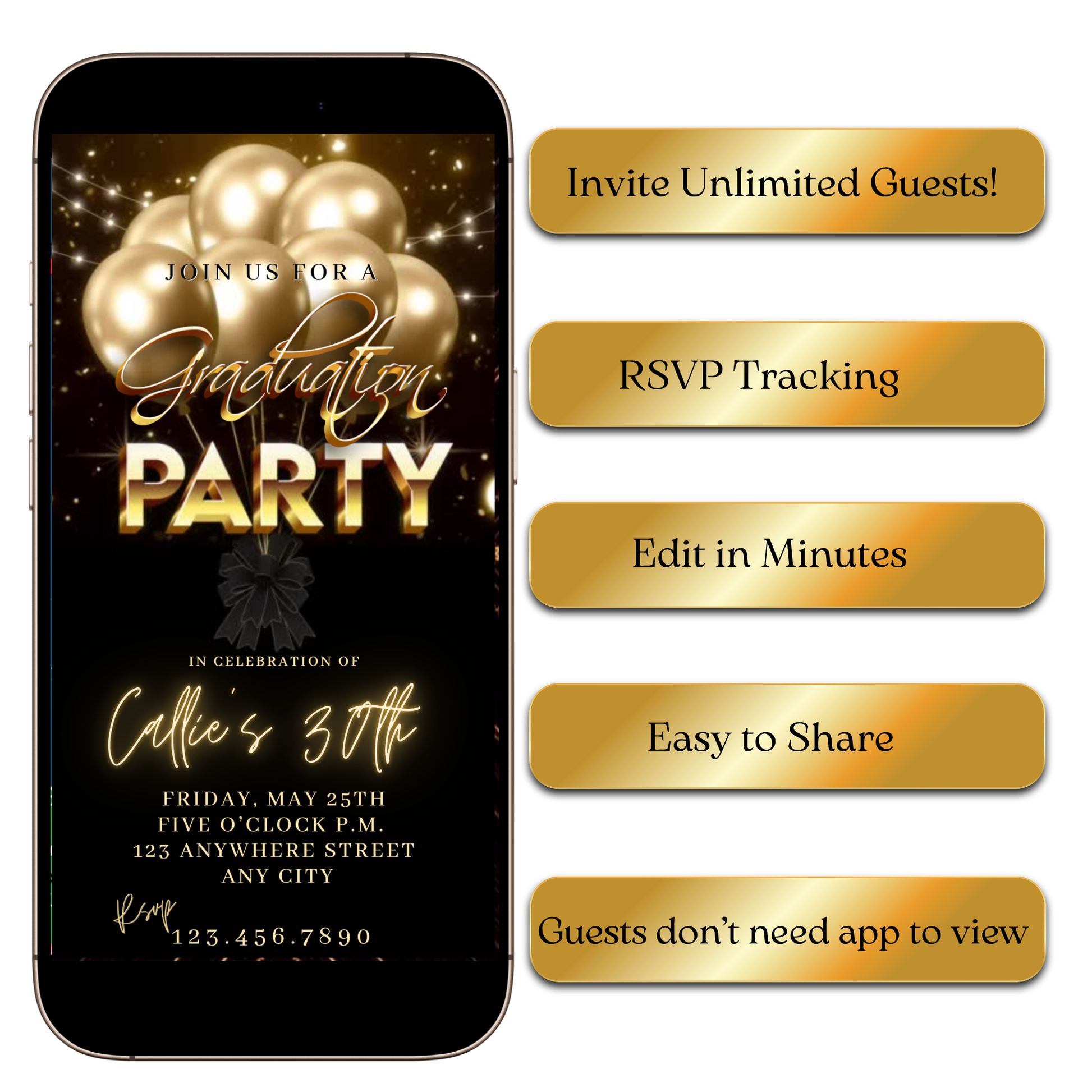 Digital Gold Balloon Glow Digital Video Invitation MP4 Invite