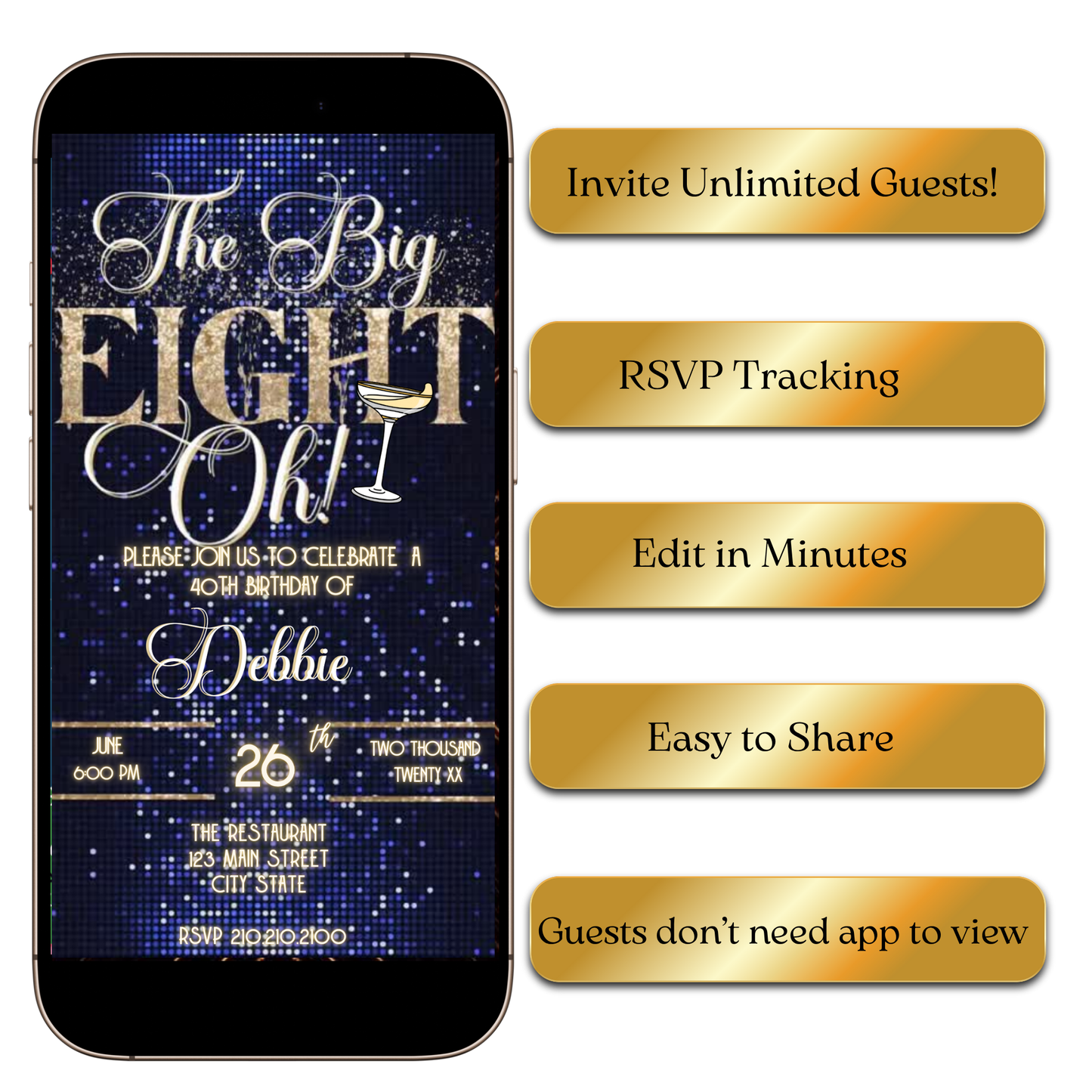 Digital Elegant Gold & Blue 80th Birthday Video Invitation – The Big Eight-Oh Theme MP4 Invite