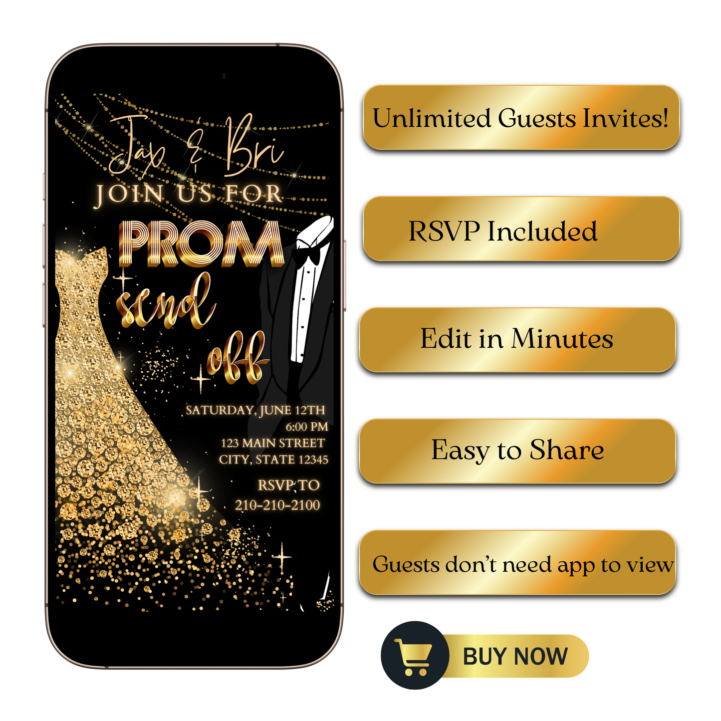 Editable black gold elegant prom send off video invitation displayed on a mobile phone, featuring an animated vertical digital invite with music, created in Canva. This premium video invitation template is designed for sharing by text, email, and social media and works with an interactive RSVP website for easy guest response tracking.