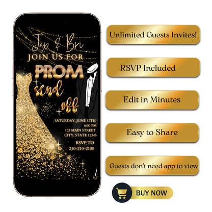 Editable black gold elegant prom send off video invitation displayed on a mobile phone, featuring an animated vertical digital invite with music, created in Canva. This premium video invitation template is designed for sharing by text, email, and social media and works with an interactive RSVP website for easy guest response tracking.