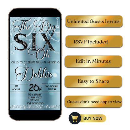 Editable baby blue elegant 60th birthday video invitation displayed on a mobile phone, featuring an animated vertical digital invite with music, created in Canva. This premium video invitation template is designed for sharing by text, email, and social media and works with an interactive RSVP website for easy guest response tracking.