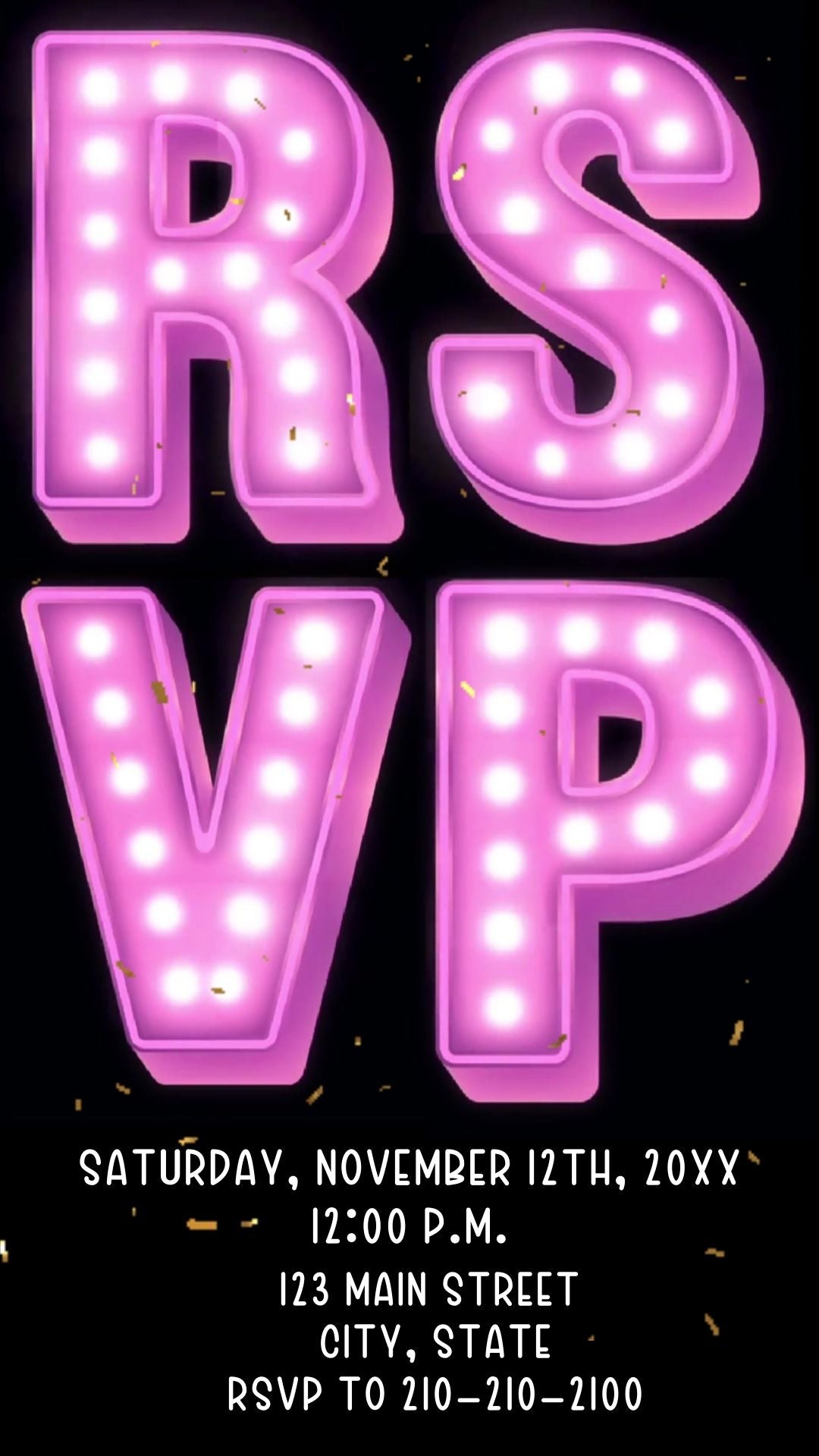Editable pink neon baby shower baby shower video invitation displayed on a mobile phone, featuring an animated vertical digital invite with music, created in Canva. This premium video invitation template is designed for sharing by text, email, and social media and works with an interactive RSVP website for easy guest response tracking.