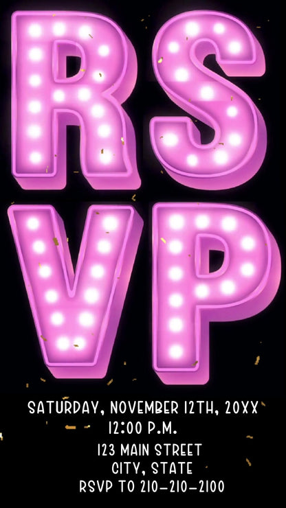 Editable pink neon baby shower baby shower video invitation displayed on a mobile phone, featuring an animated vertical digital invite with music, created in Canva. This premium video invitation template is designed for sharing by text, email, and social media and works with an interactive RSVP website for easy guest response tracking.