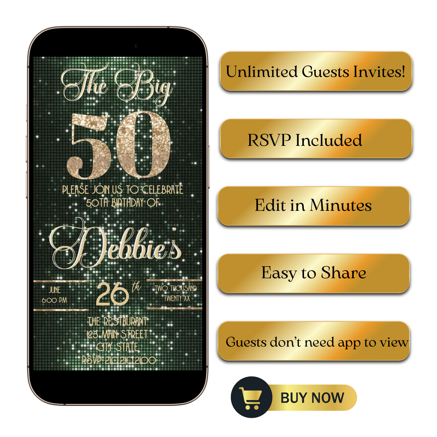 Editable sage green & gold 50th birthday video invitation displayed on a mobile phone, featuring an animated vertical digital invite with music, created in Canva. This premium video invitation template is designed for sharing by text, email, and social media and works with an interactive RSVP website for easy guest response tracking.